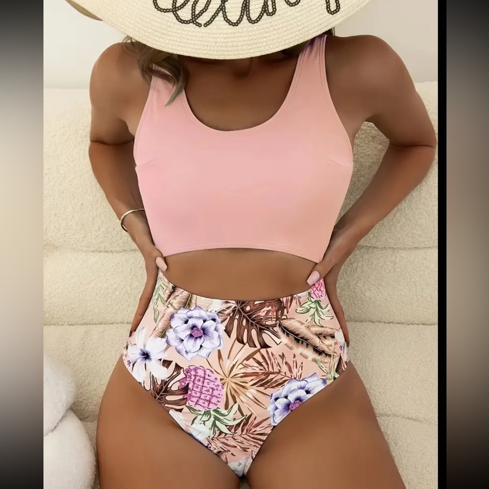 Floral Print One Piece Swimsuit, Round Neck Cut Out High Cut Bathing Swimsuit,